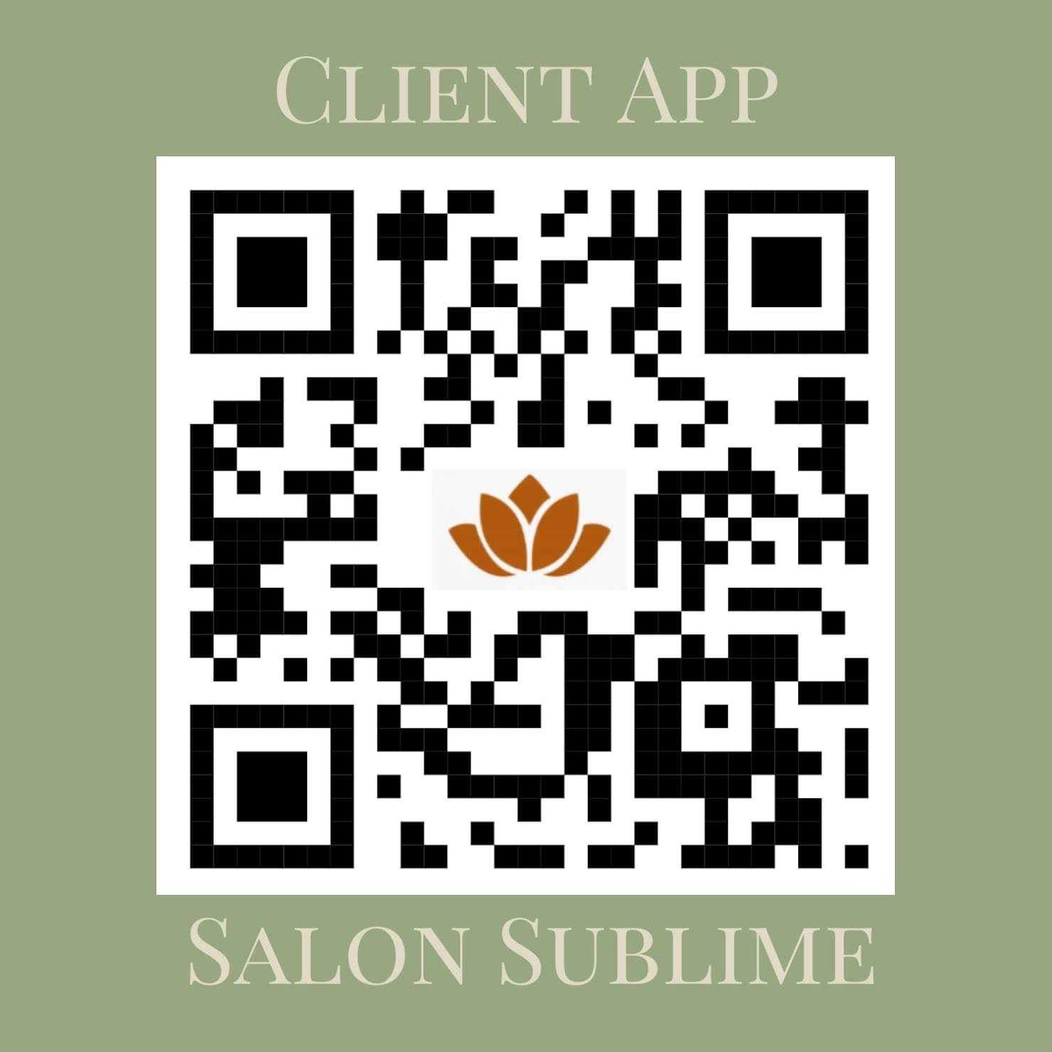 QR code for the Salon Sublime client app with a brown lotus logo in the center.