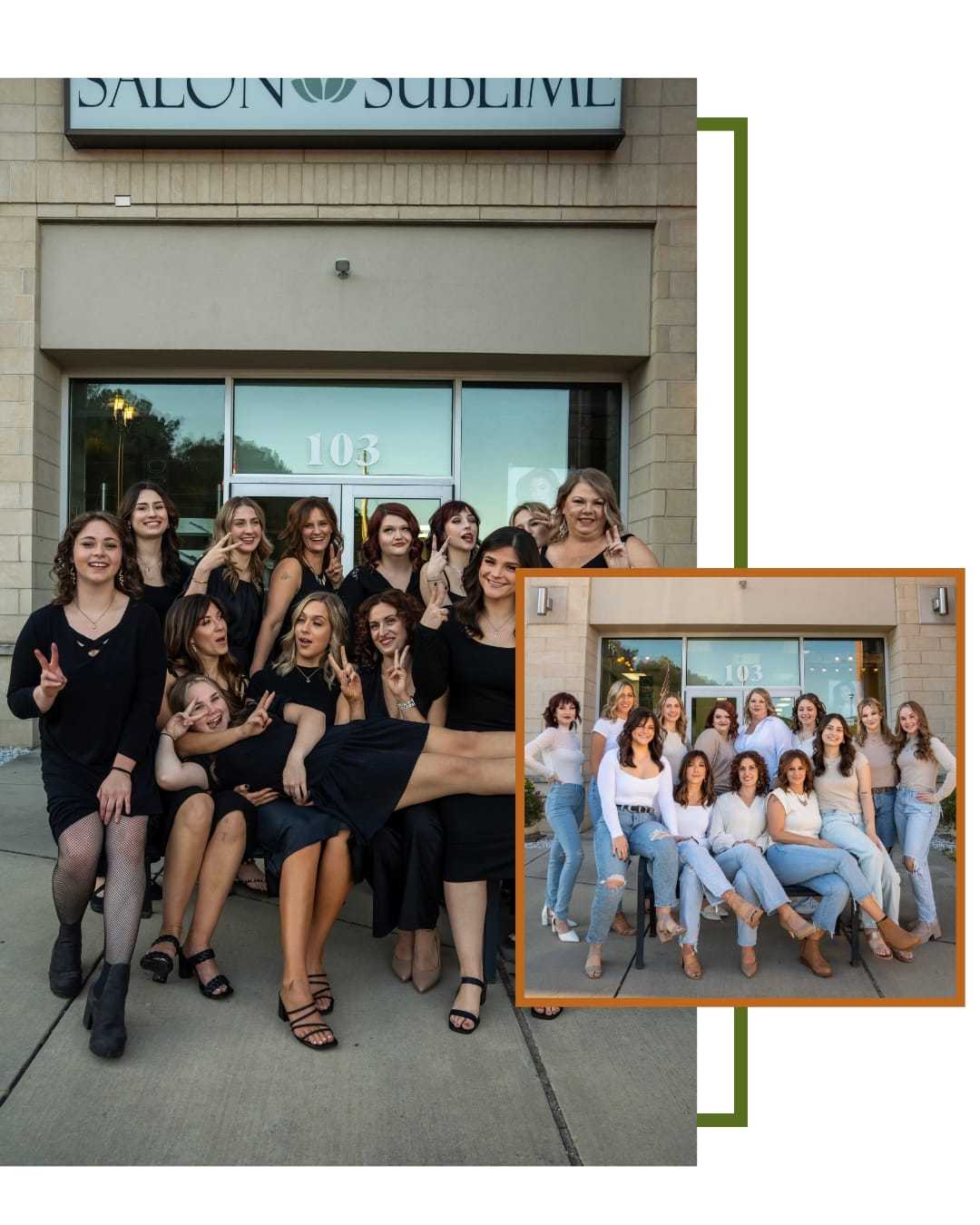 A group of women posing happily at the entrance of Salon Sublime, both in black dresses and casual wear.